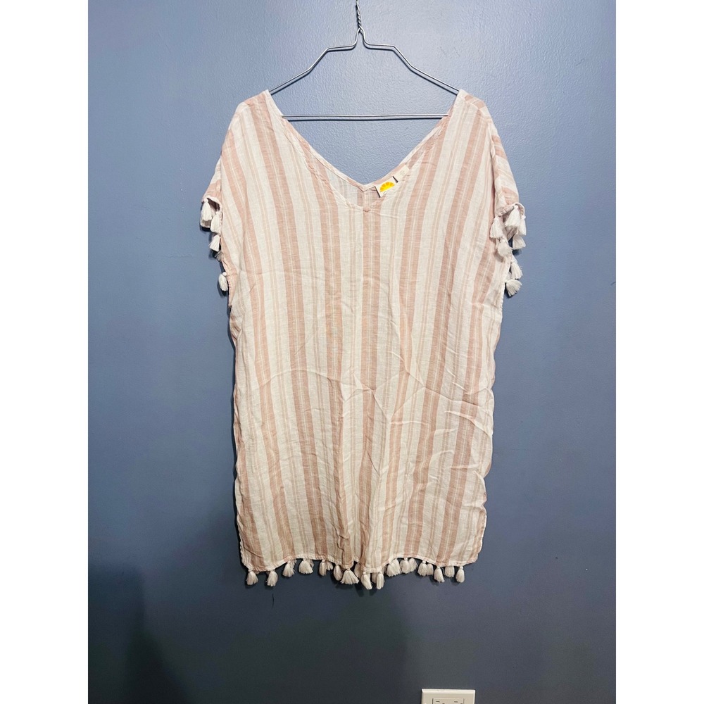 Women's C&C California Linen Blend Tassel Swim Coverup Size LG Beige Striped